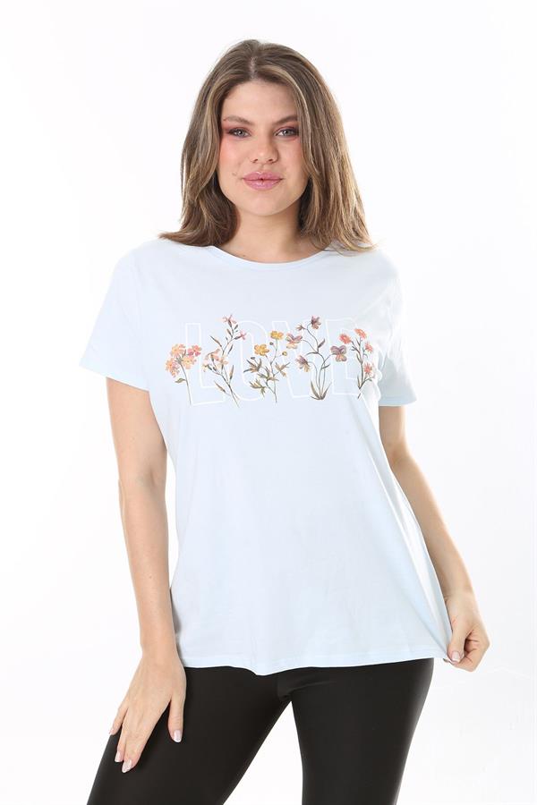 Büyük Beden Bebe Mavisi Pamuk Kumaş Ön Baskılı Kısa Kollu Bluz 65N37807