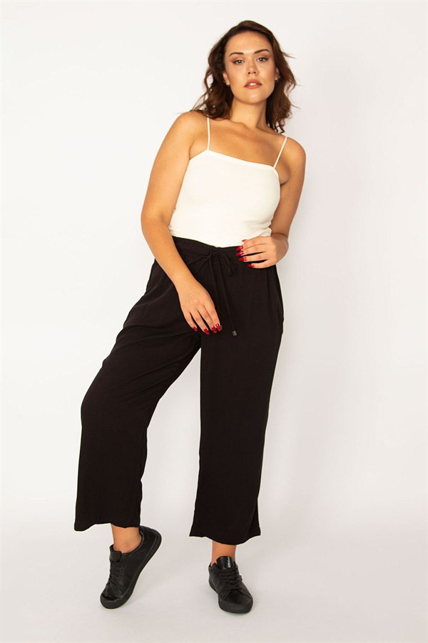 Kadın Siyah Dokuma Viskon Kumaş Beli Lastik Ve Bağcık Detaylı Yan Cepli Pantolon 65N33981