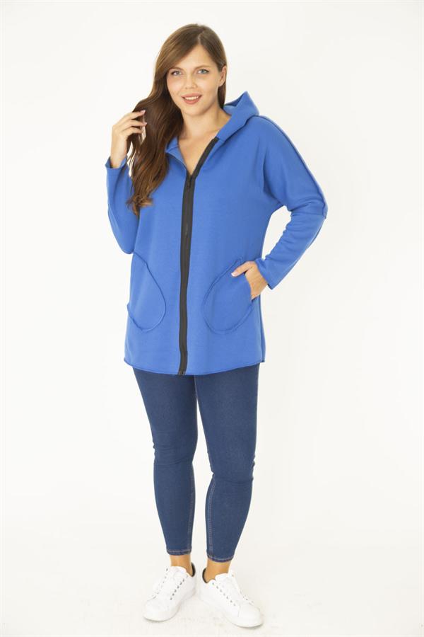 Kadın Büyük Beden Saks Ön Fermuar Ve Cepli Kapşonlu Kaşe Mont 65N36969