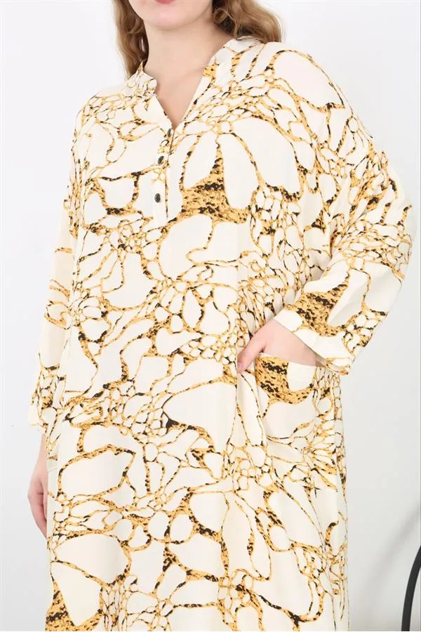 Kadın Büyük Beden Kemik Dokuma Viskon Kumaş Ön Pat Düğmeli Uzun Kollu Elbise 65N38730