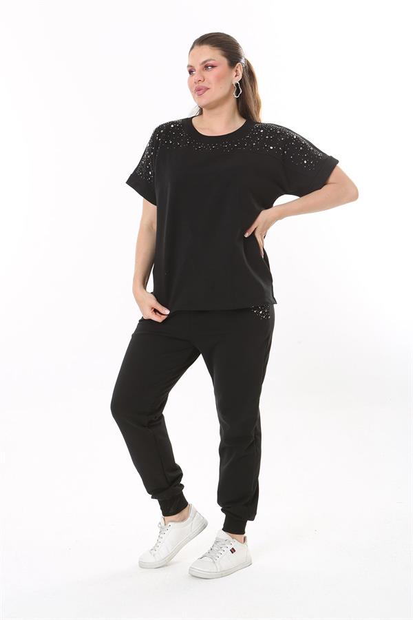 Kadın Büyük Beden Saks Taş Detaylı Kısa Kollu Sweatshirt Pantolon Takım 65N37702