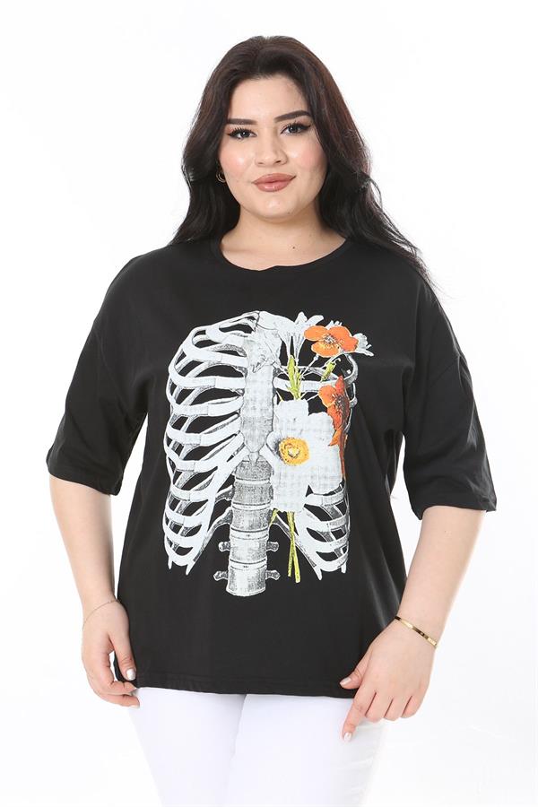 Kadın Büyük Beden Siyah Pamuk Kumaş Ön Baskılı Kısa Kollu Bluz 65N38009