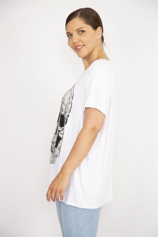 Kadın Büyük Beden Beyaz Taş İşli Bisiklet Yakalı Likralı Bluz