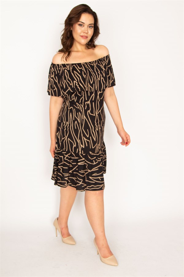 Kadın Kemik Madonna Yaka Volan Detaylı Dokuma Viskon Kumaş Elbise 65N33529