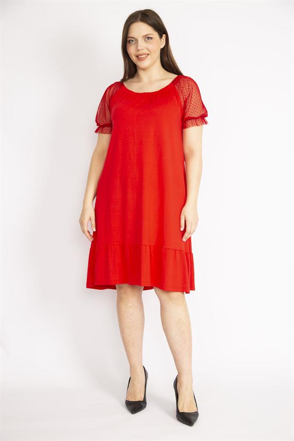 Kadın Kırmızı Büyük Beden Kolları Tül Yakası Lastik Detaylı Etek Ucu Katlı Elbise