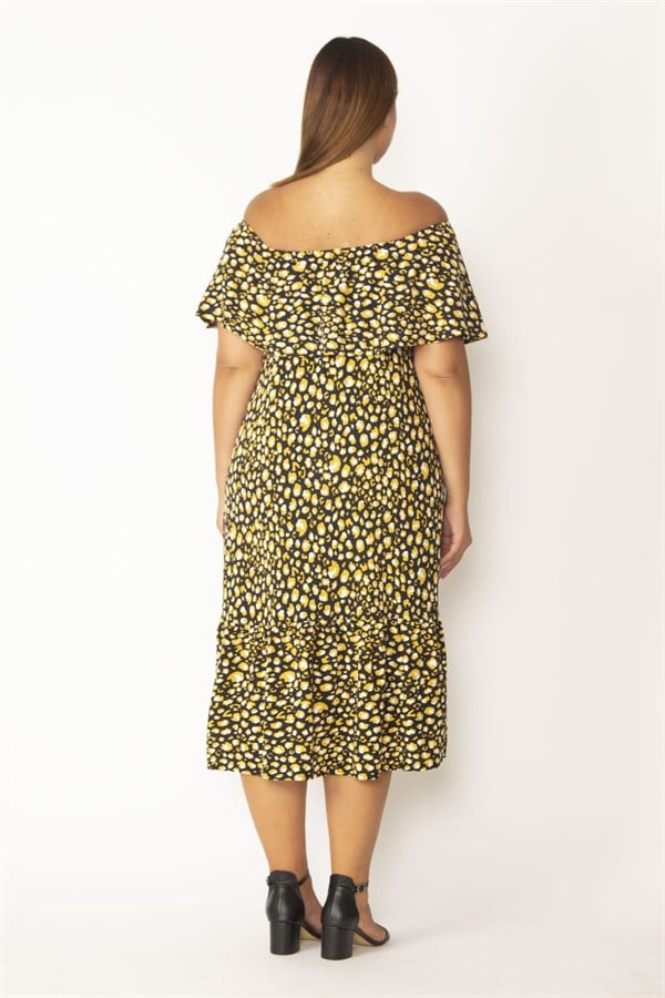 Kadın Kırmızı Yakası Lastik Ve Volan Detaylı Etek Ucu Katlı Dokma Viskon Kumaş Elbise 65N28546