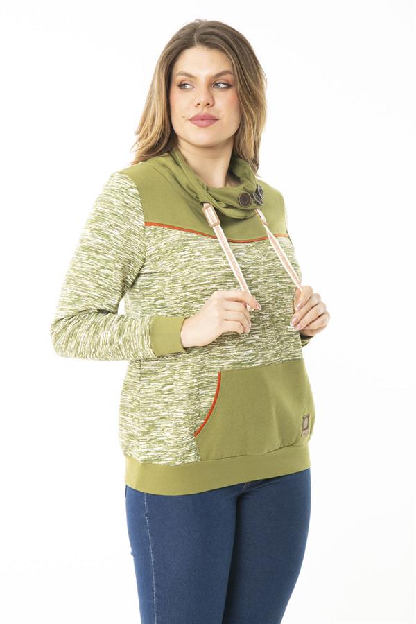 Kadın Büyük Beden Kuşgözü Bağcık Ve Süs Düğme Detaylı Kanguru Cepli Dik Yaka Sweatshirt 65N37122