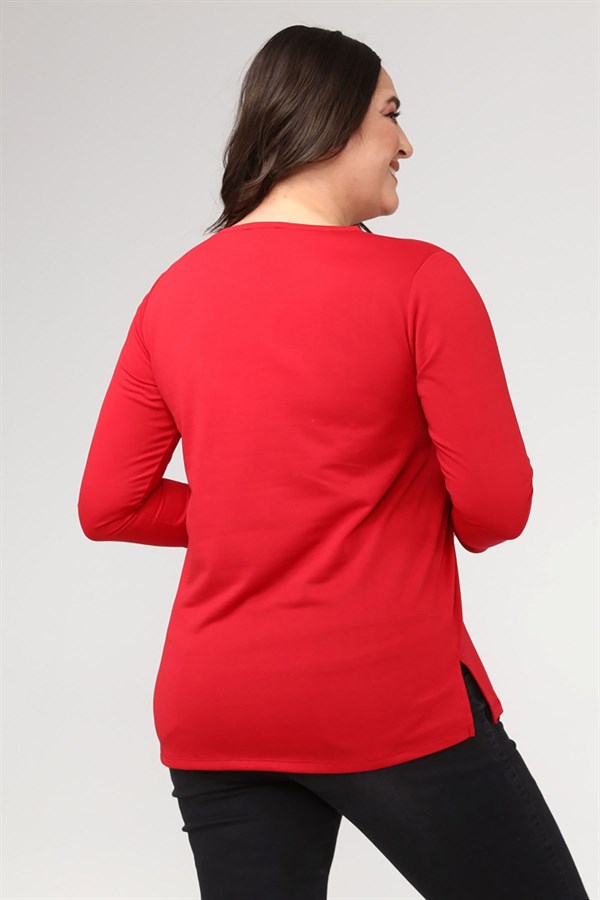 KADIN BORDO ÖNÜ DERİ DETAYLI BİSİKLET YAKA BLUZ