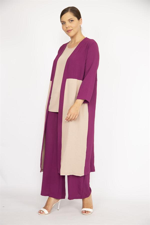 Kadın Büyük Beden İndigo Hırka İç Bluz Ve Pantolon Üçlü Takım