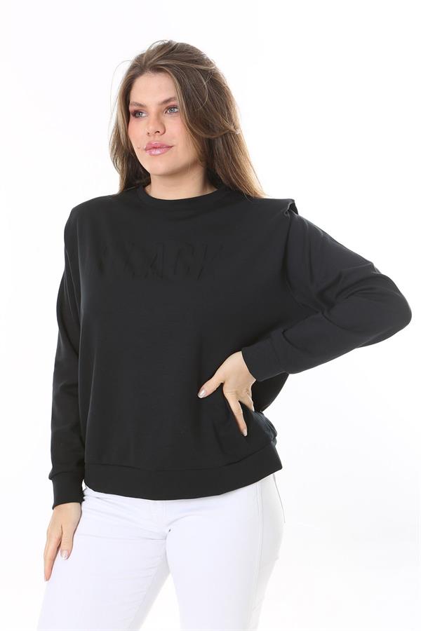 Women's Plus Size Black Shoulder Detailed Front Printed Sweatshirt 65N38050