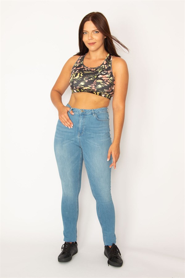 Kadın Mavi Yüksek Bel Likralı 5 Cep Kot Pantolon 65N34349