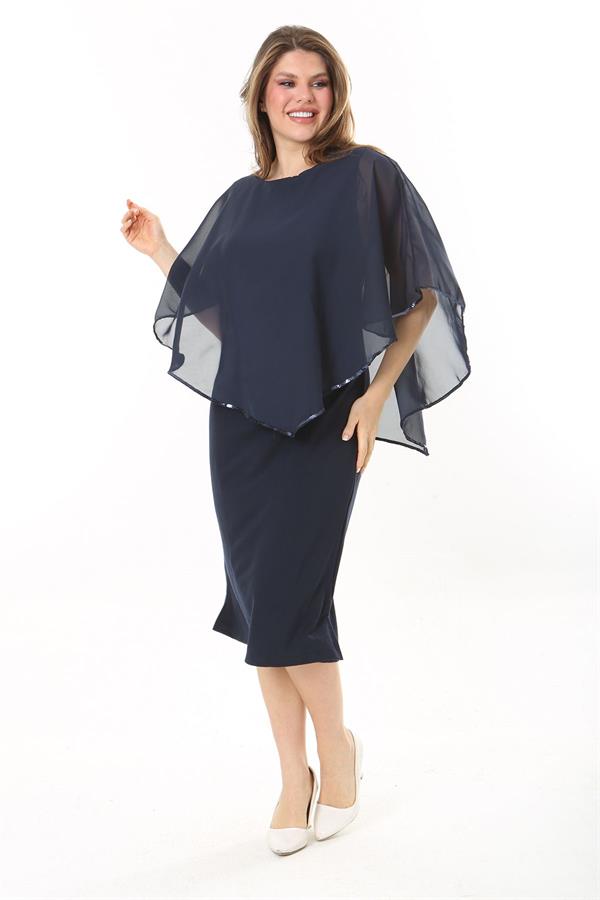 Kadın Büyük Beden Lacivert Şifon Pelerinli Elbise 65N37910