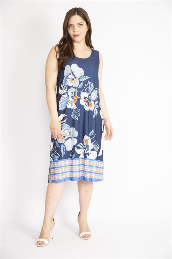 Kadın Lacivert Büyük Beden Yan Yırtmaçlı Kolsuz Elbise