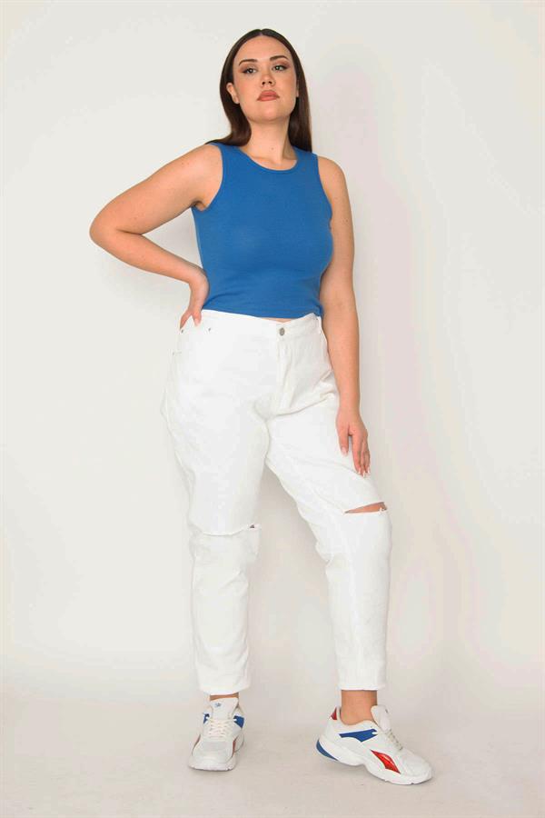 Kadın Büyük Beden Beyaz Yırtık Detaylı Likrasız Kot Pantolon 65N36836