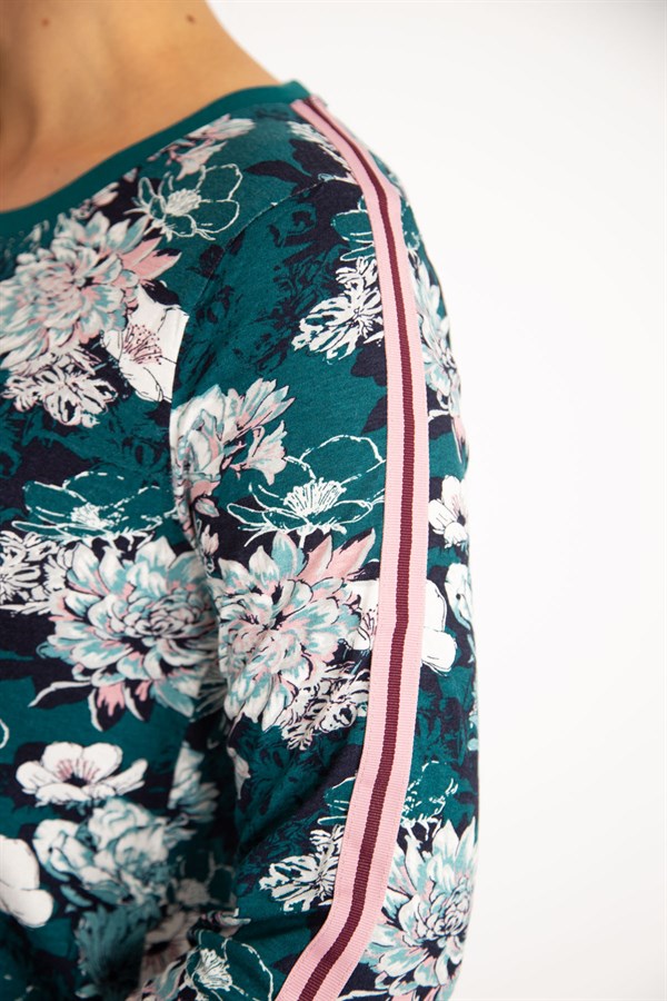 Kadın Petrol Kolları Şerit Detaylı Çiçek Desenli Tunik Elbise 65N34667