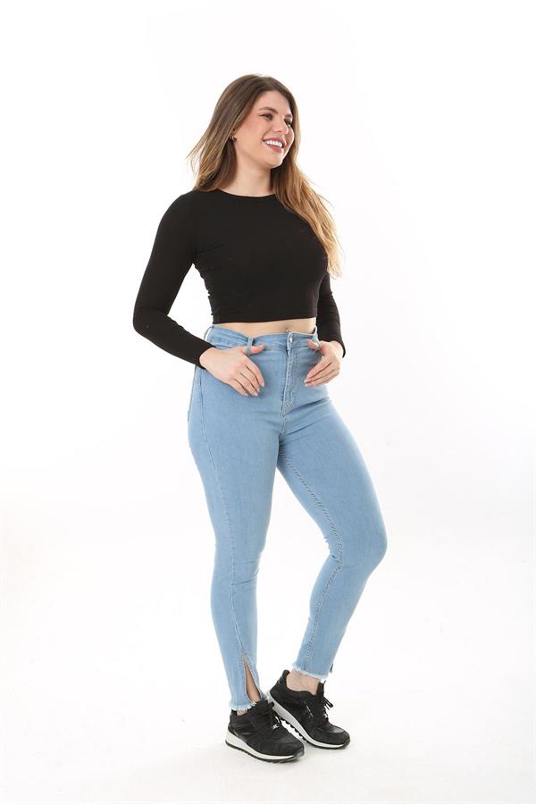 Kadın Büyük Beden Mavi Yüksek Bel Yırtmaçlı Dar Paça Likralı Kot Pantolon 65N37606