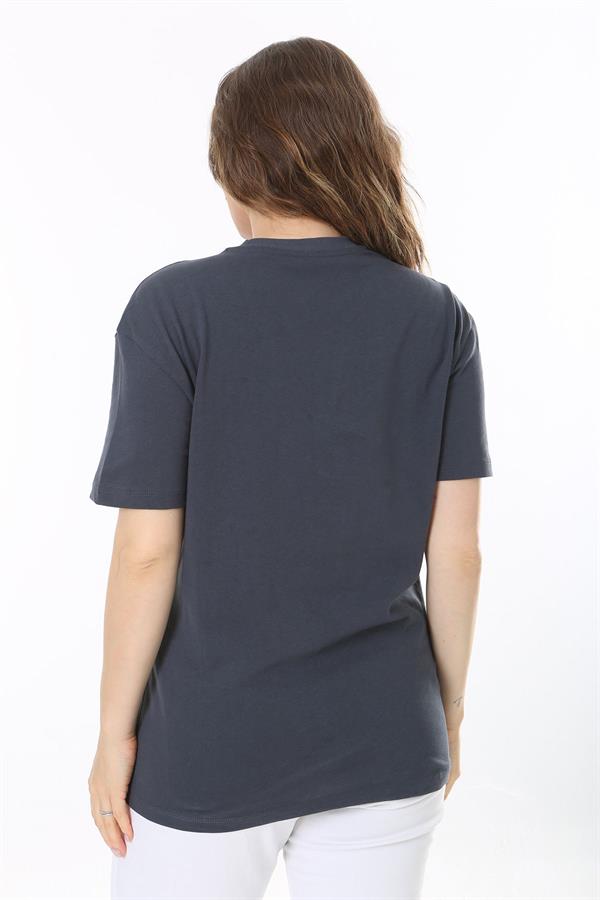 Kadın Büyük Beden Füme Pamuklu Kumaş Kısa Kollu Baskı Ve Taş Detaylı Bluz 65N38036