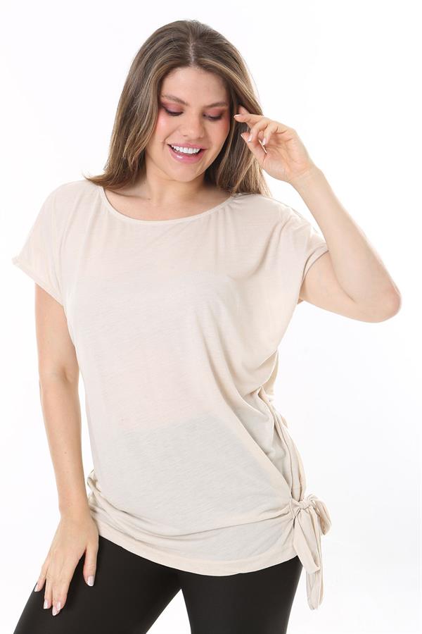 Kadın Büyük Beden Bej Yan Bağlamalı Bisiklet Yakalı Kısa Kollu Bluz 65N37849