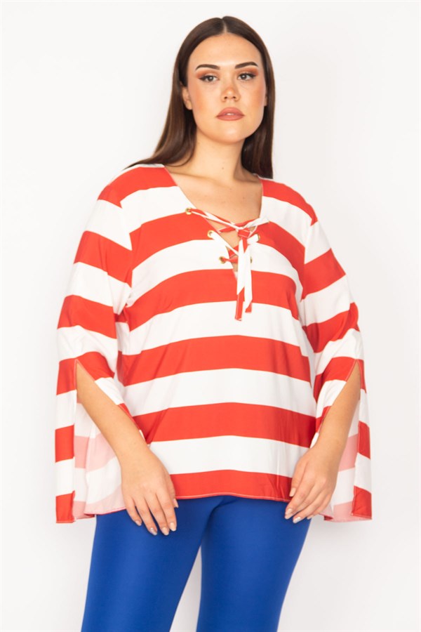 Kadın Kırmızı Yakası Kuşgözlü Bağcık Detaylı Kol Yırtmaçlı Çizgili Bluz 65N30165