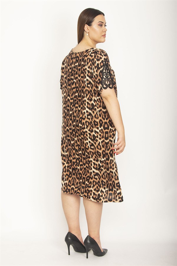 Kadın Leopar Dantel Detaylı V Yakalı Leoparpar Desenli Elbise 65N26914