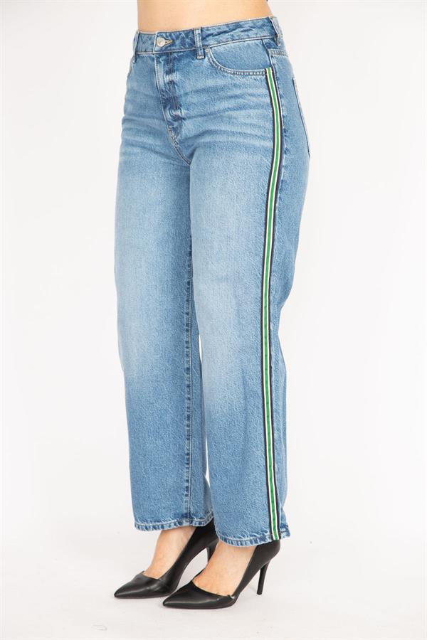 Kadın Mavi Büyük Beden Yan Şeritli 5 Cep Kot Pantolon