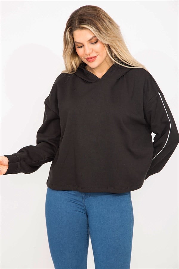Kadın Siyah Kolları Biye Detaylı Kapşonlu Sweatshirt 65N35301