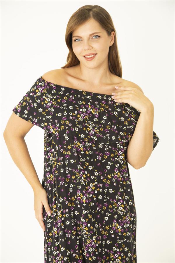 Kadın Büyük Beden Renkli Dokuma Viskon Kumaş Yakası Lastik Ve Volan Detaylı Elbise 65N36916