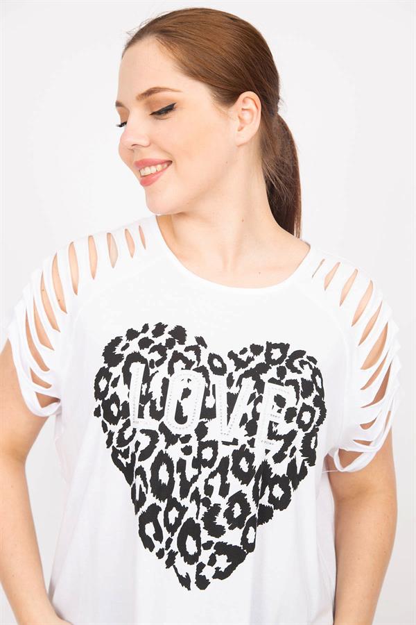 Kadın Beyaz Büyük Beden Kolları Lazer Kesim Taş Ve Baskı Detaylı Bluz