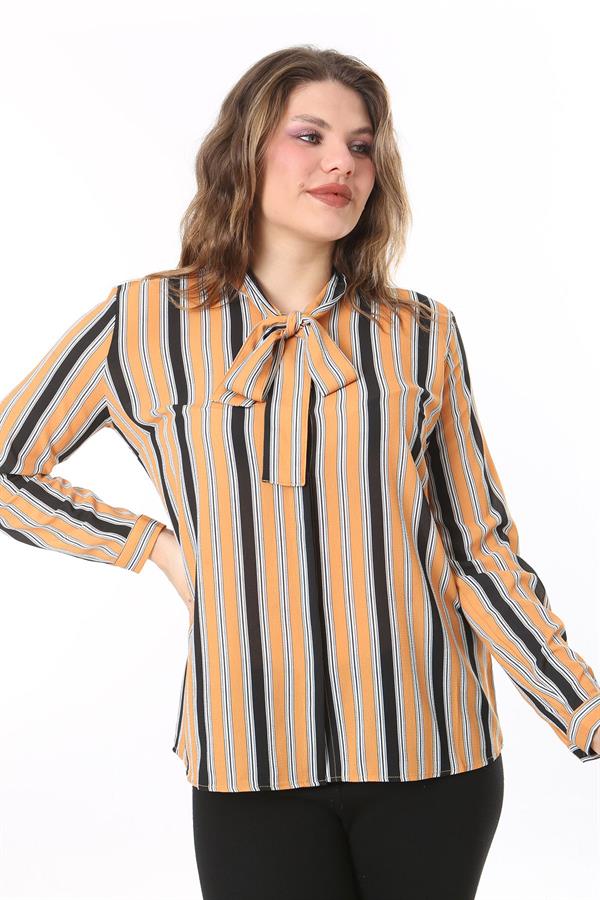 Kadın Büyük Beden Sarı Yakası Fular Bağlamalı Çizgili Bluz 65N38018
