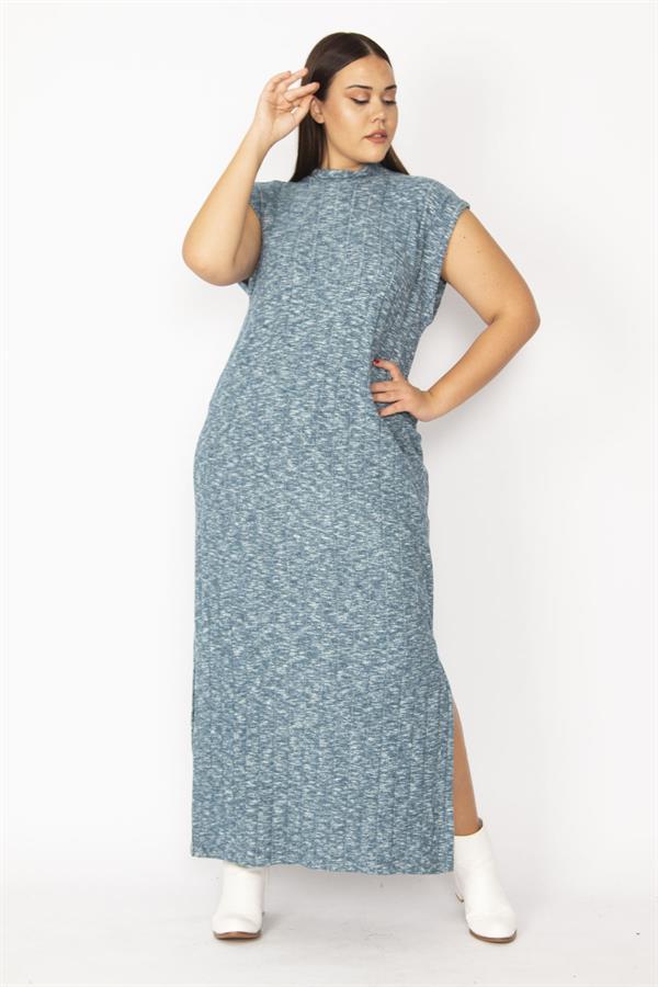 Kadın Gri Dik Yakalı Yan Yırtmaçlı Likralı Elbise 65N28715