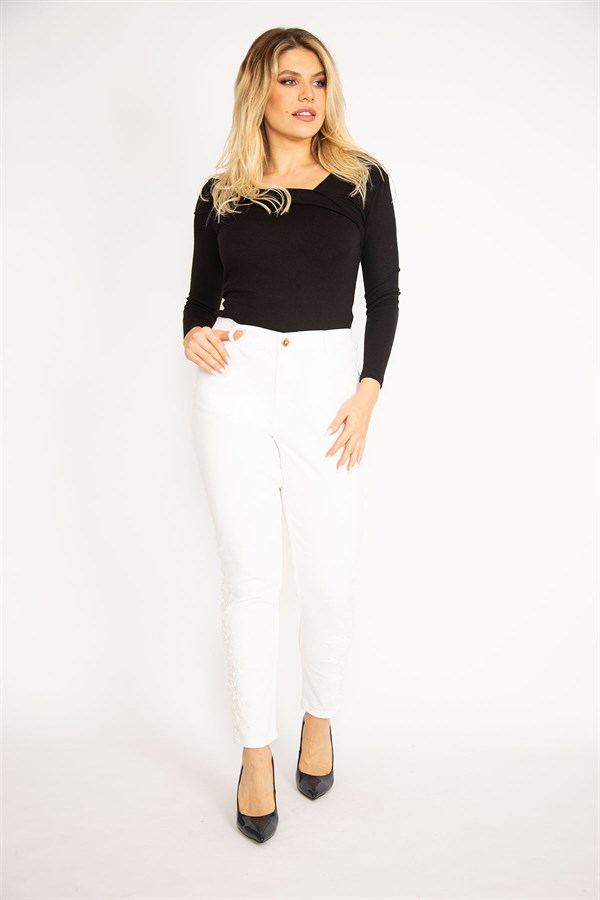 Kadın Kemik Paçası Dantel Ve İnci Detaylı Yan Bel Lastikli Likralı Kot Pantolon 65N34959
