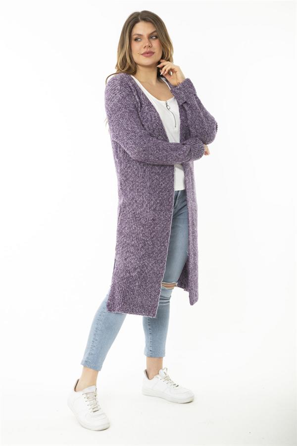 Kadın Büyük Beden Mor Yırtmaçlı Kalın Triko Uzun Hırka 65N37166