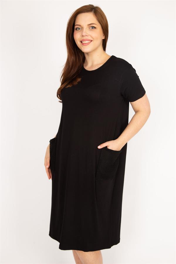 Kadın Lacivert Büyük Beden Cebi File Detaylı Kısa Kollu Viskon Elbise