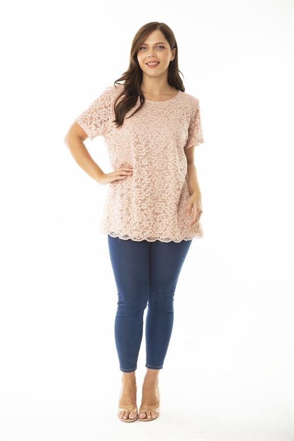 Kadın Büyük Beden Somon Önü Ve Kolları Dantel İçi Viskon Bluzlu Tunik 65N36956