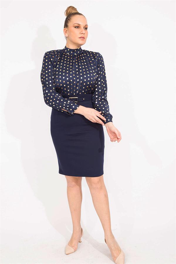 KADIN LACİVERT PUAN DESENLİ BELİ KEMERLİ ELBİSE