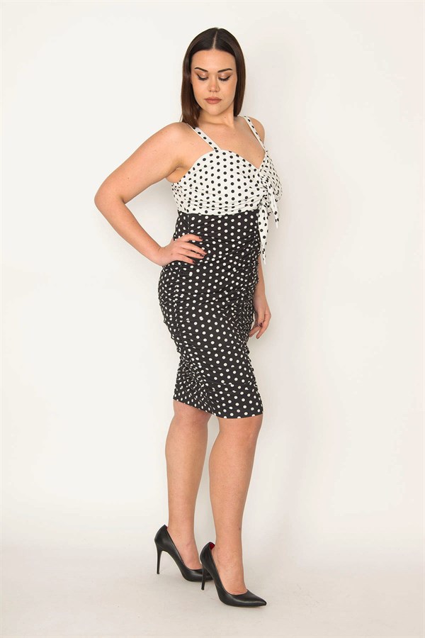 WOMEN'S BLACK SHIRT-DETAILED POINT PATTERNED STRAP DRESS