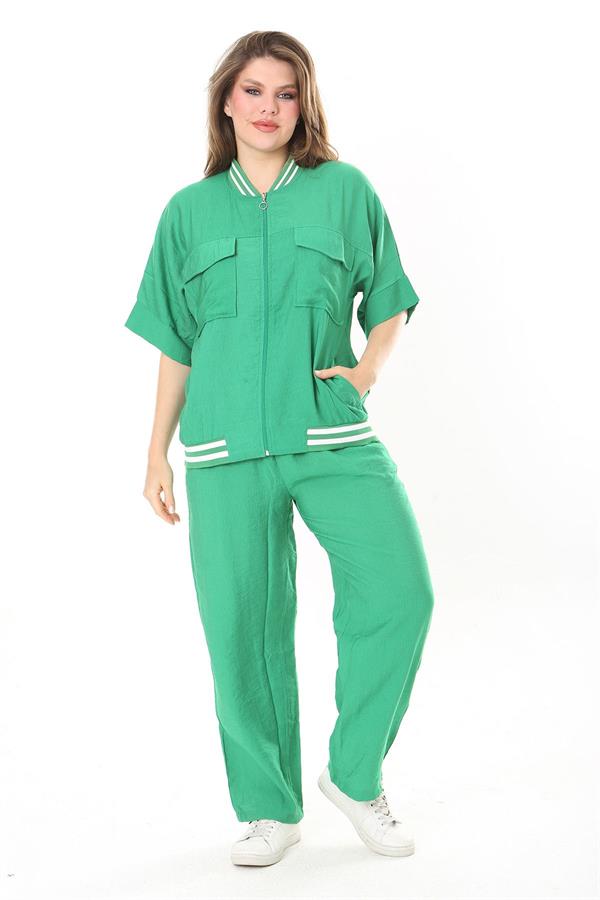 Kadın Büyük Beden Nar Ön Fermuarlı Ribanalı Tunik Ve Pantolon İkili Takım 65N37877