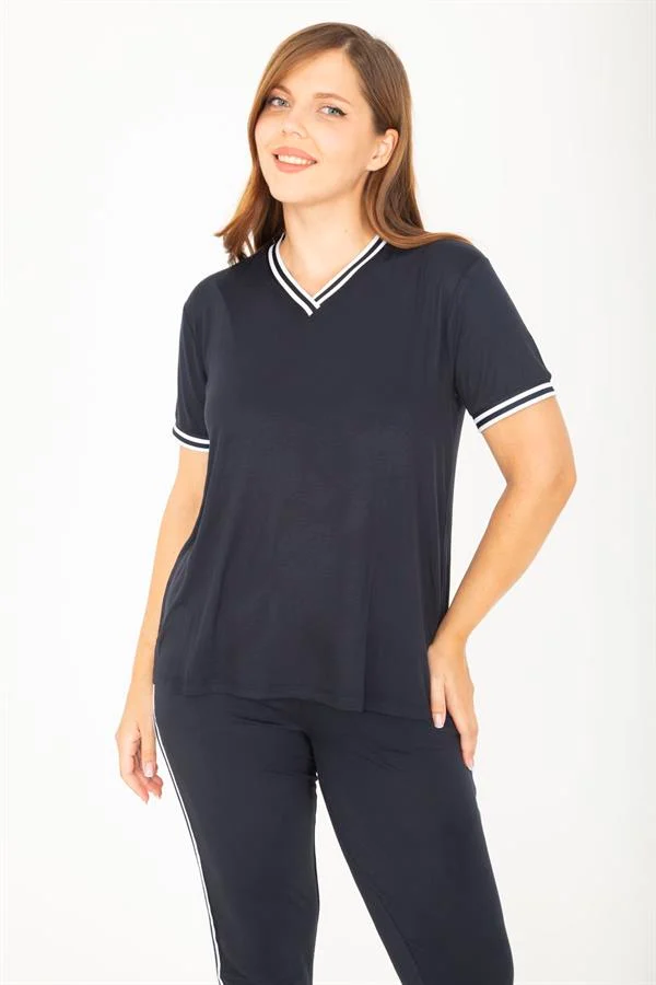 Kadın Büyük Beden Lacivert Ribanall Kısa Kollu Bluz Pantolon Eşofman Takım 65N36811