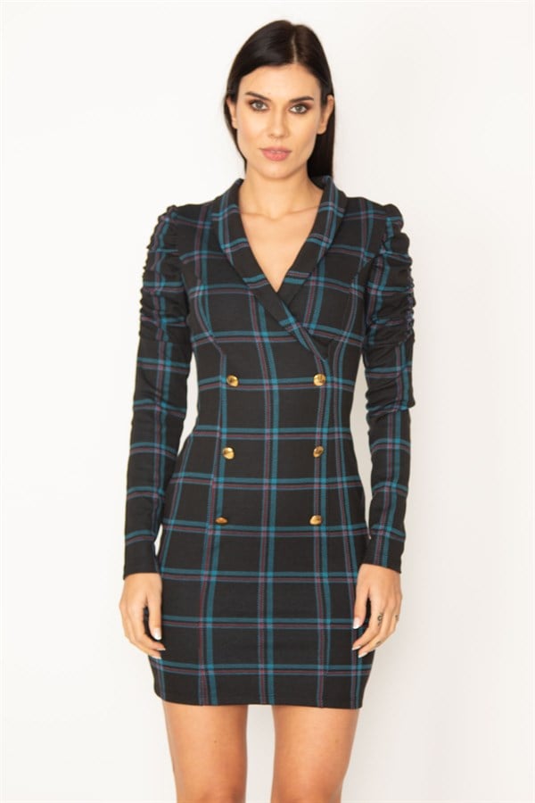 ROBE CROISÉE À MOTIF CARREAUX AVEC BOUTONS MÉTALLIQUES