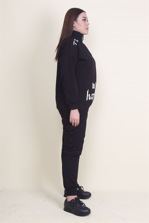 Kadın Gri Pat Fermuar Detaylı Şardonlu Baskılı Eşofman Takım 65N21019