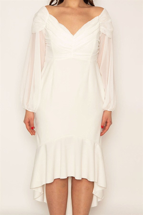 Kadın Kemik Göğüs Drapeli Kolları Şifon Eteği Volanlı Astarlı Abiye Elbise 85N7316