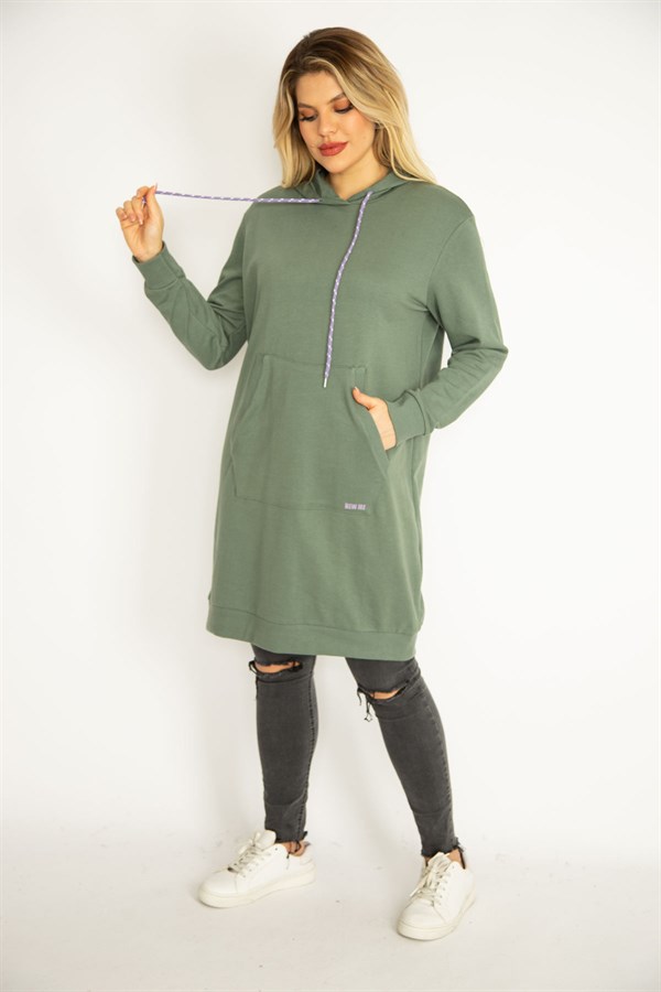 Women's Green Hooded Kangaroo Pocket Long Sweatshirt 65N35070