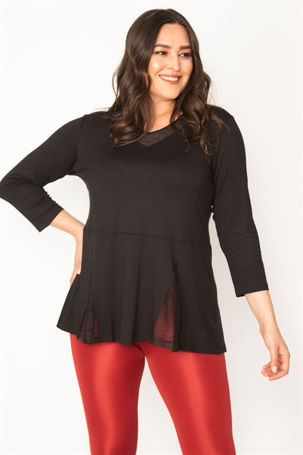 Kadın Siyah Yaka Ve Etek Ucu Dantel Detaylı Viskon Bluz 65N30460
