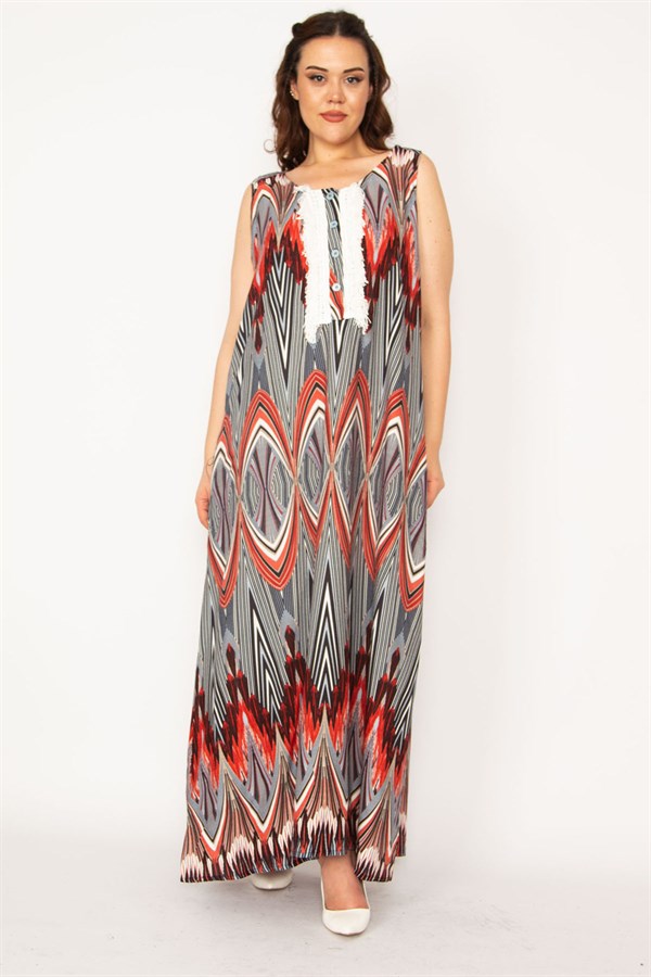 Kadın Gri Ön Pat Düğme Ve Dantel Detaylı Javanez Viskon Elbise 65N33208