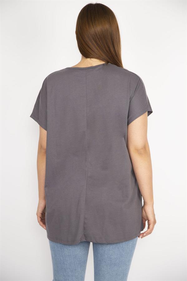 Kadın Füme Büyük Beden Lazer Kesim Ve Lak Baskı Detaylı Düşük Kollu Rahat Kesim Bluz