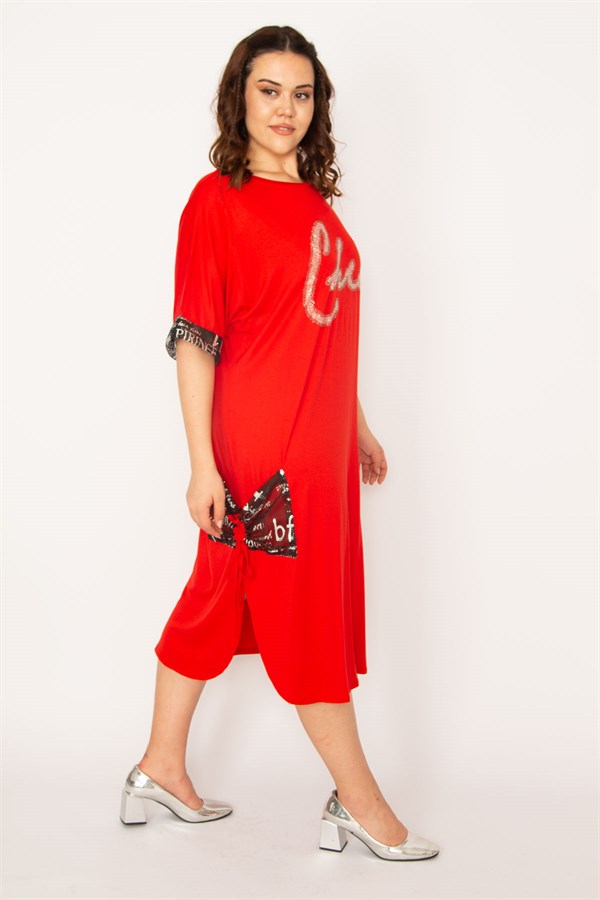 Kadın Kırmızı Cep Ve Kolu File Detaylı Taş Baskılı Viskon Elbise 65N33166
