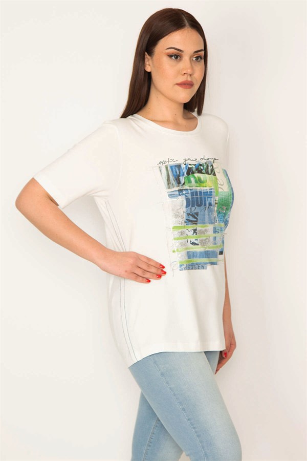 KADIN BEYAZ TAŞ VE LAK BASKILI BLUZ