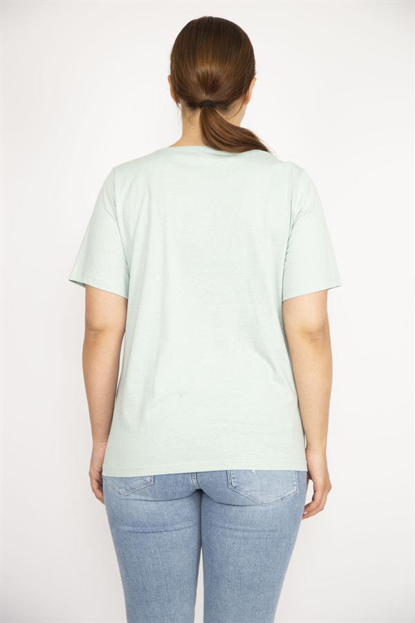 Kadın Yeşil Büyük Beden Pamuk Kumaş Ön Baskılı Kısa Kollu Bluz