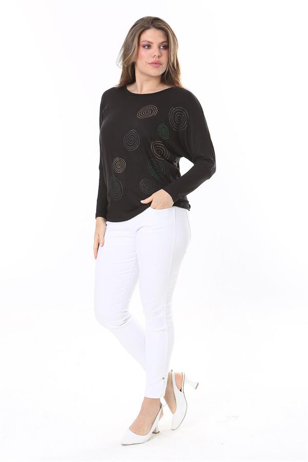 Kadın Büyük Beden Siyah Taş Detaylı Yarasa Kol Bluz 65N37805