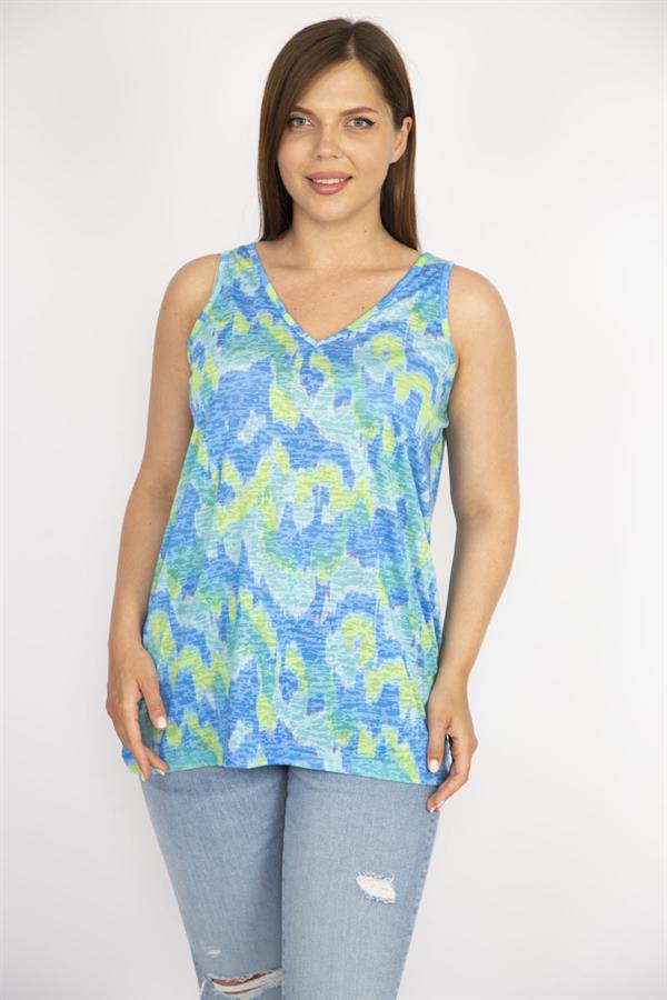 Kadın Renkli Büyük Beden V Yakalı Renkli Kolsuz Bluz